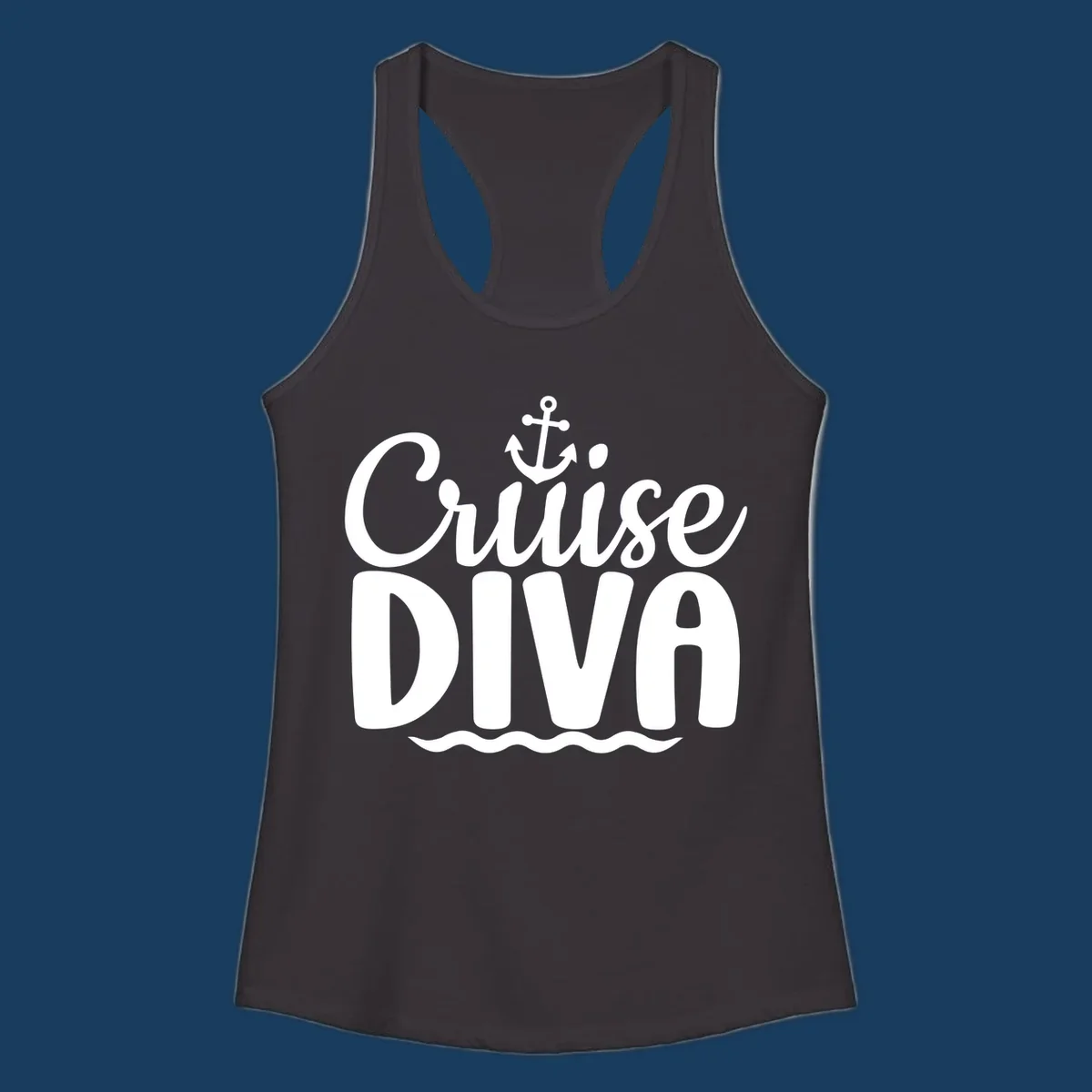 White text and graphics saying 'Cruise DIVA' with an anchor and waves, for a cruise diva.