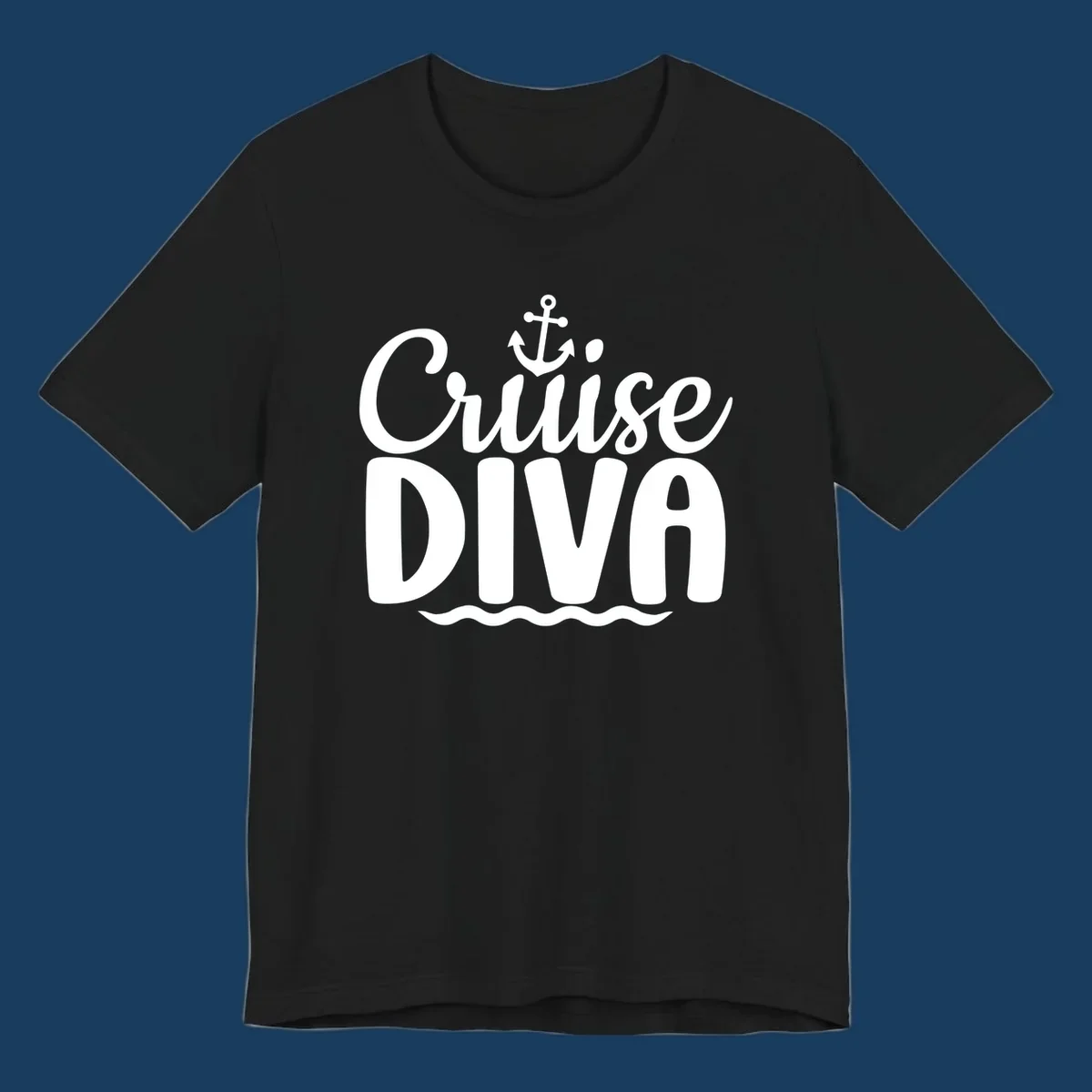 White text and graphics saying 'Cruise DIVA' with an anchor and waves, for a cruise diva.