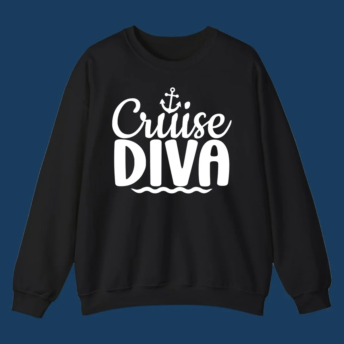 White text and graphics saying 'Cruise DIVA' with an anchor and waves, for a cruise diva.