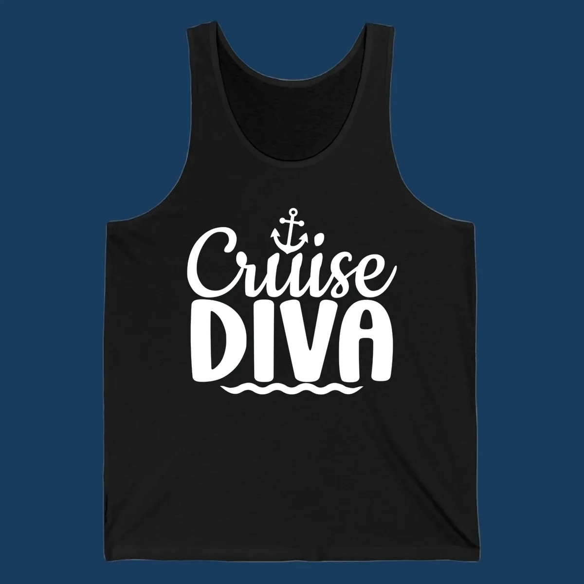 White text and graphics saying 'Cruise DIVA' with an anchor and waves, for a cruise diva.