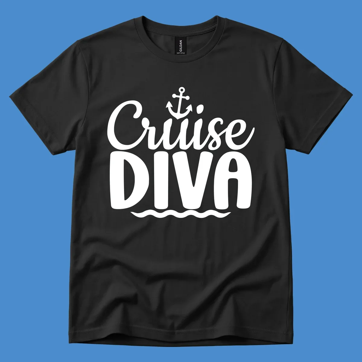 White text and graphics saying 'Cruise DIVA' with an anchor and waves, for a cruise diva.