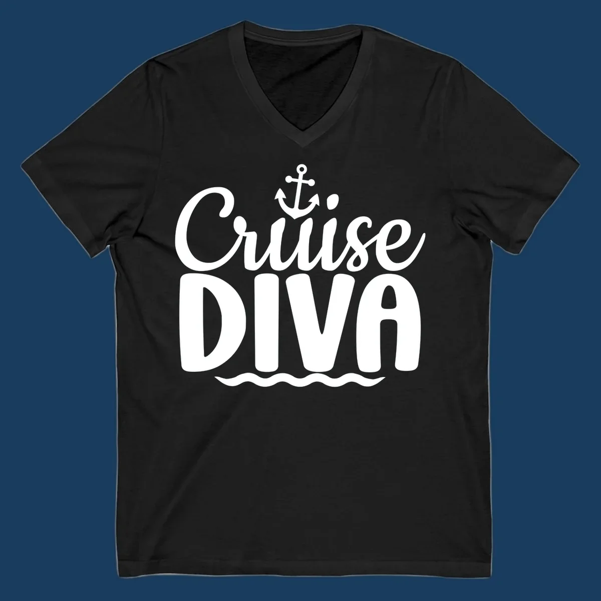 White text and graphics saying 'Cruise DIVA' with an anchor and waves, for a cruise diva.
