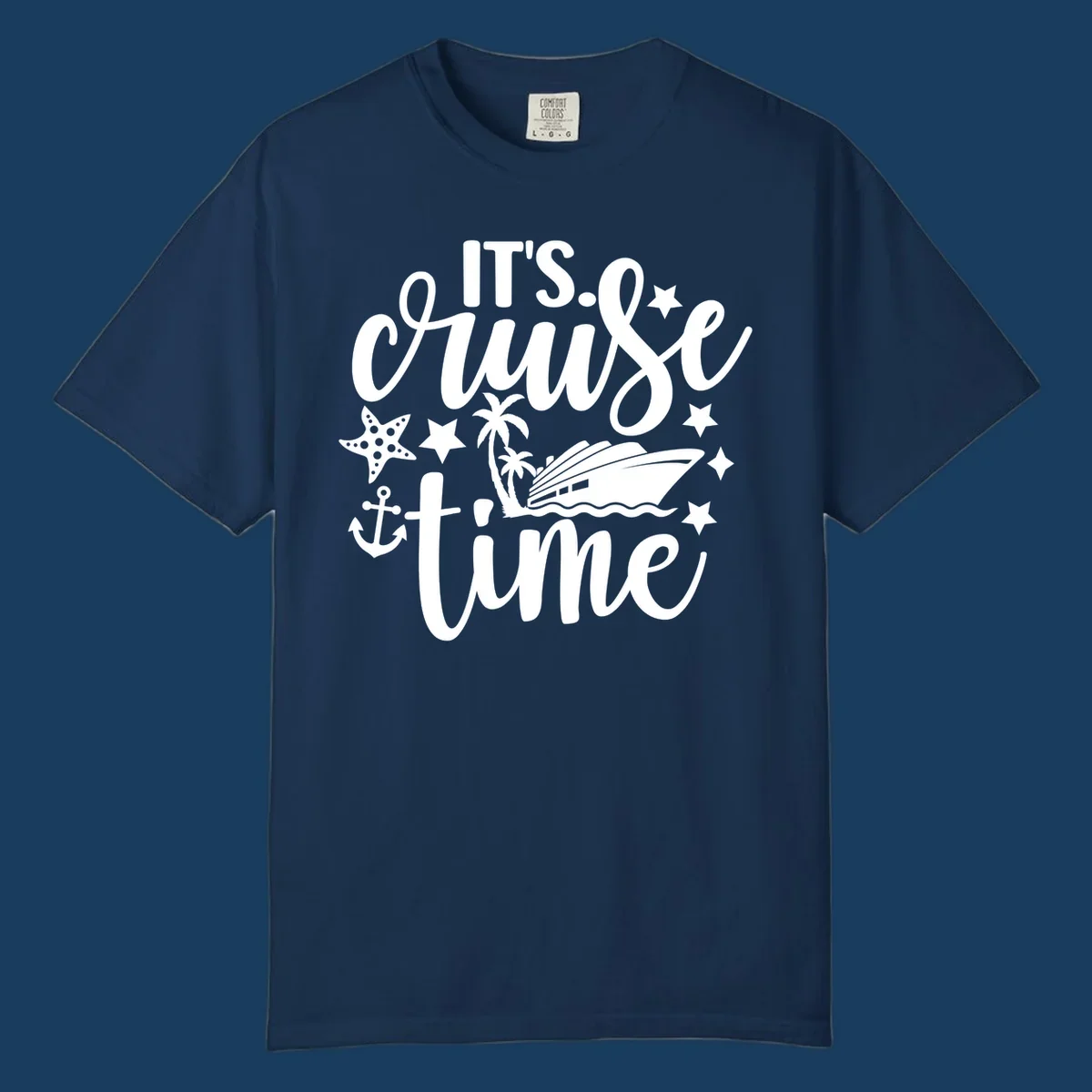 It's Cruise Time text with cruise ship, anchor, starfish, and stars.