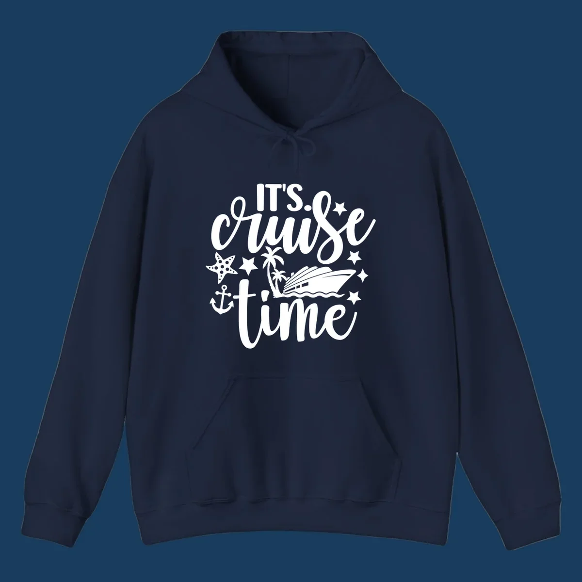 It's Cruise Time text with cruise ship, anchor, starfish, and stars.