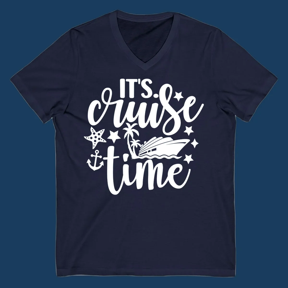 It's Cruise Time text with cruise ship, anchor, starfish, and stars.