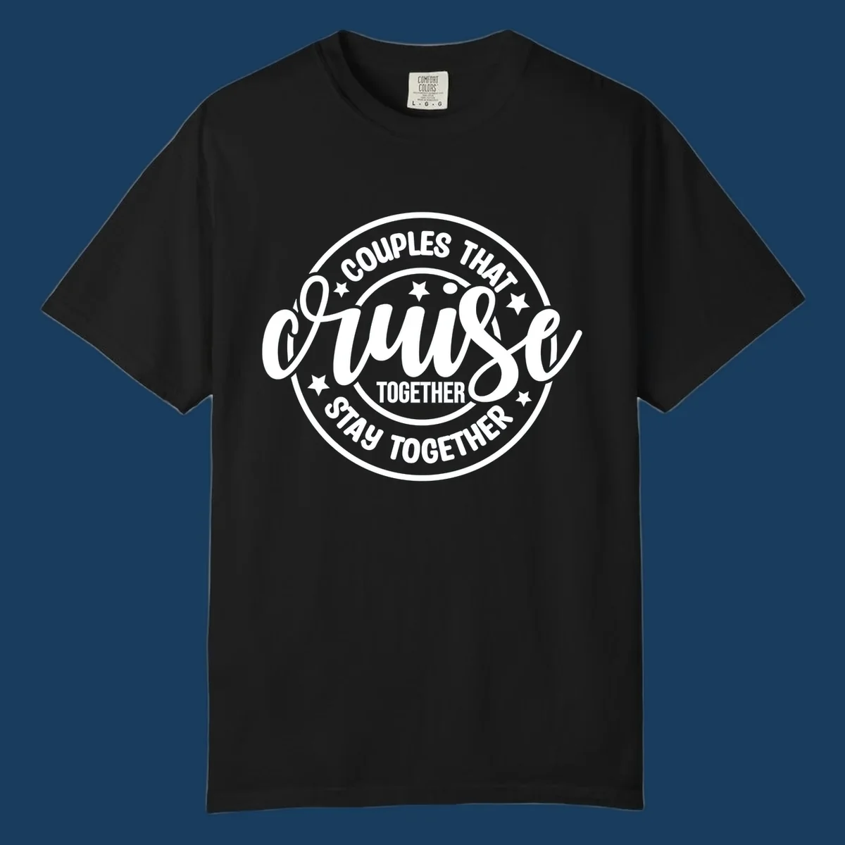 Couples cruise together badge design with white text and stars.