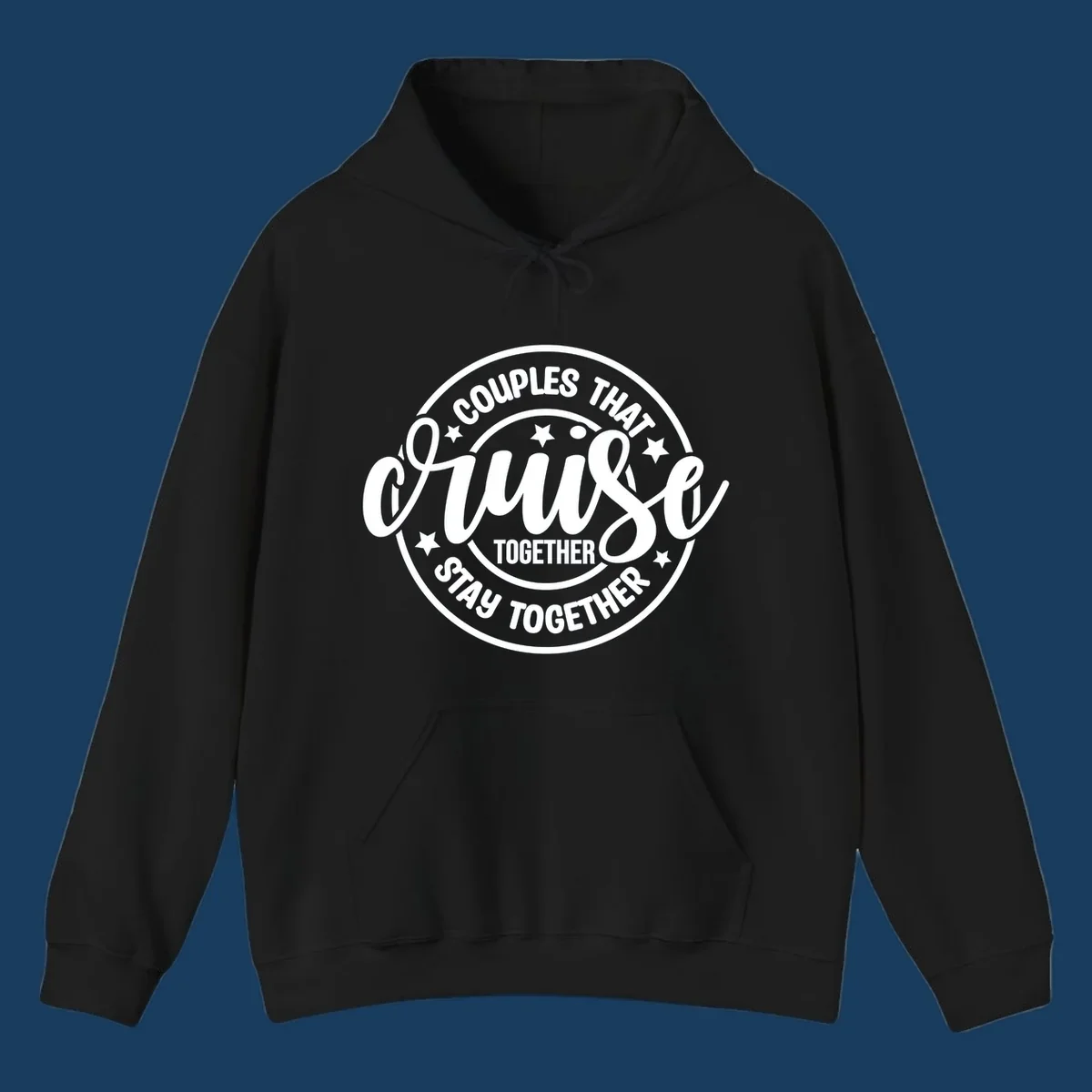 Couples cruise together badge design with white text and stars.