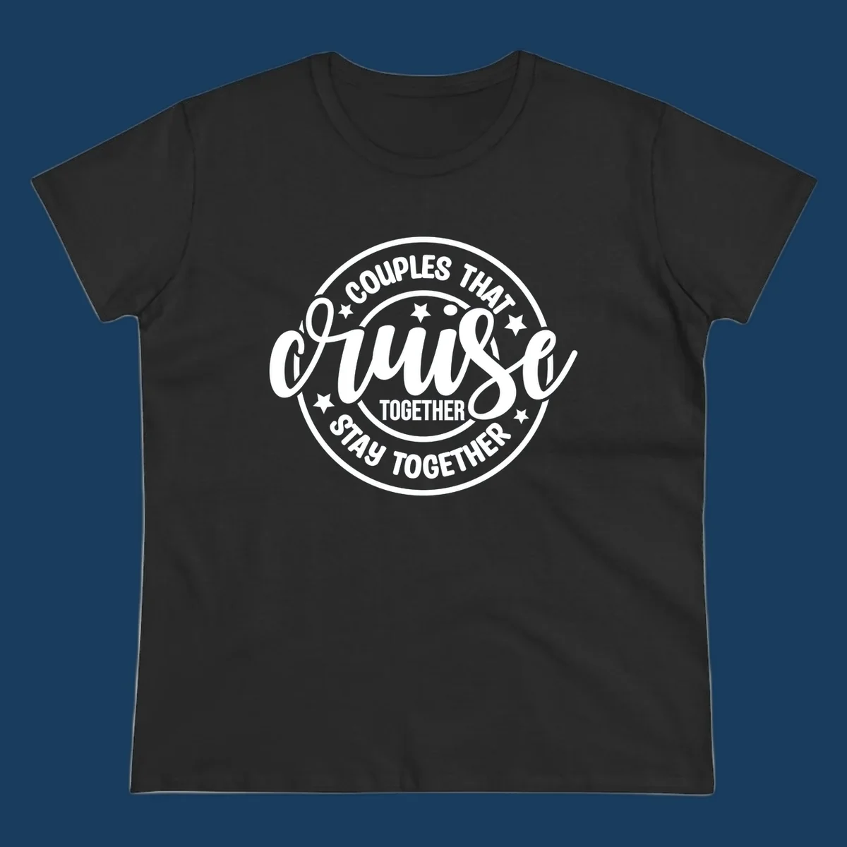 Couples cruise together badge design with white text and stars.