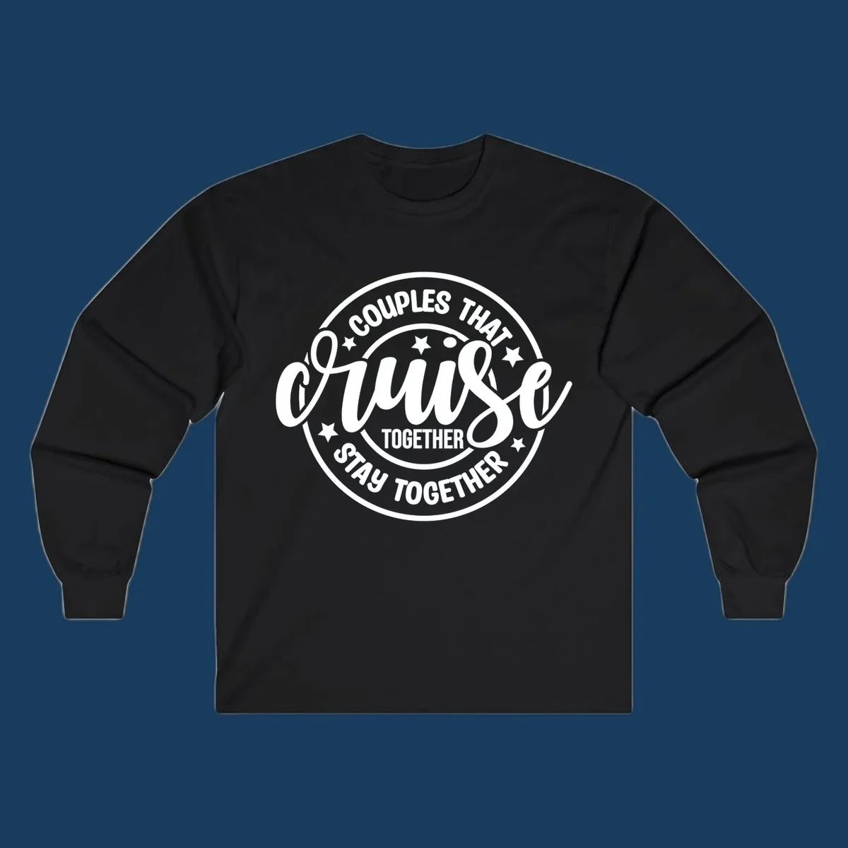 Couples cruise together badge design with white text and stars.