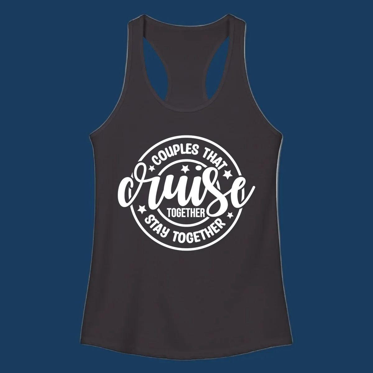 Couples cruise together badge design with white text and stars.