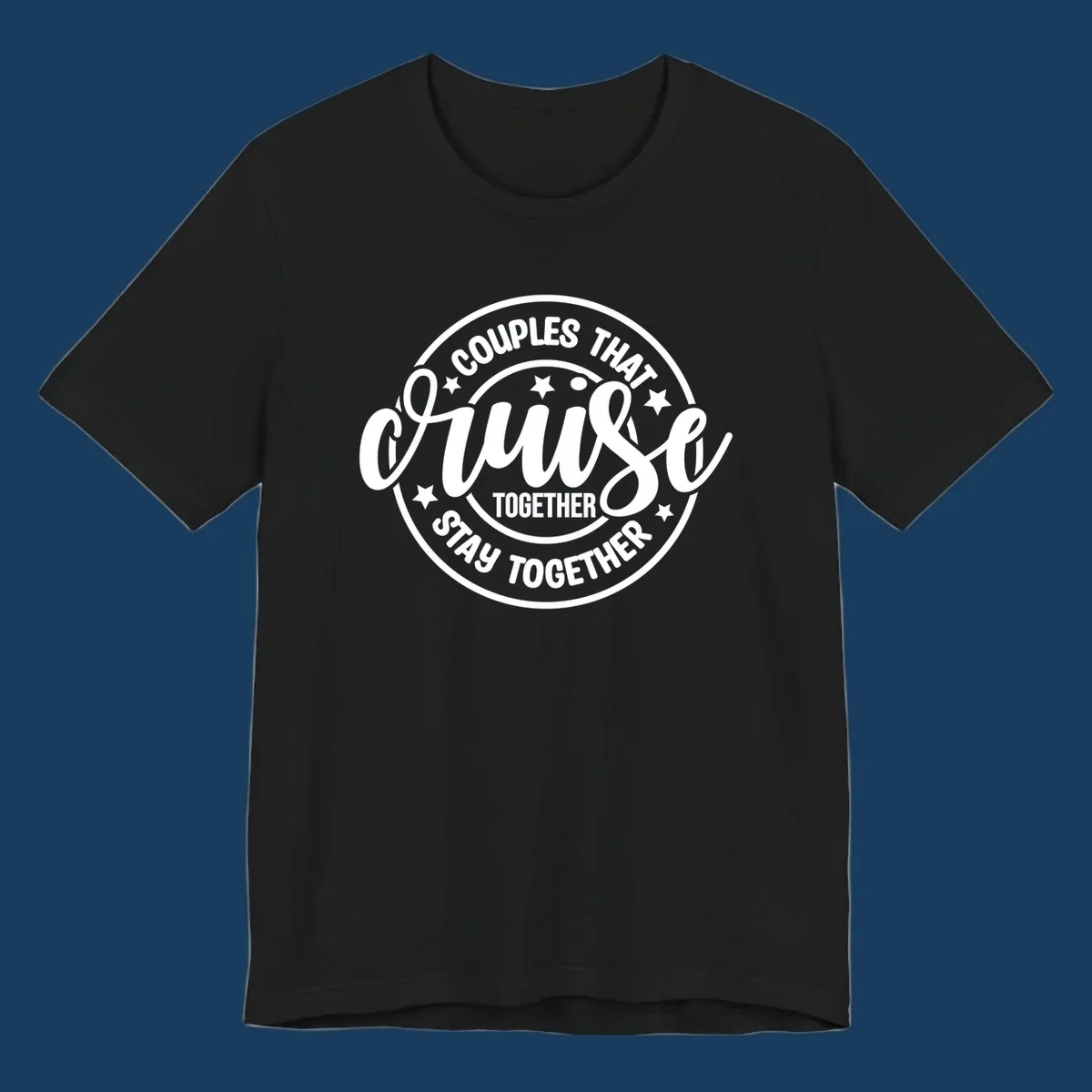 Couples cruise together badge design with white text and stars.
