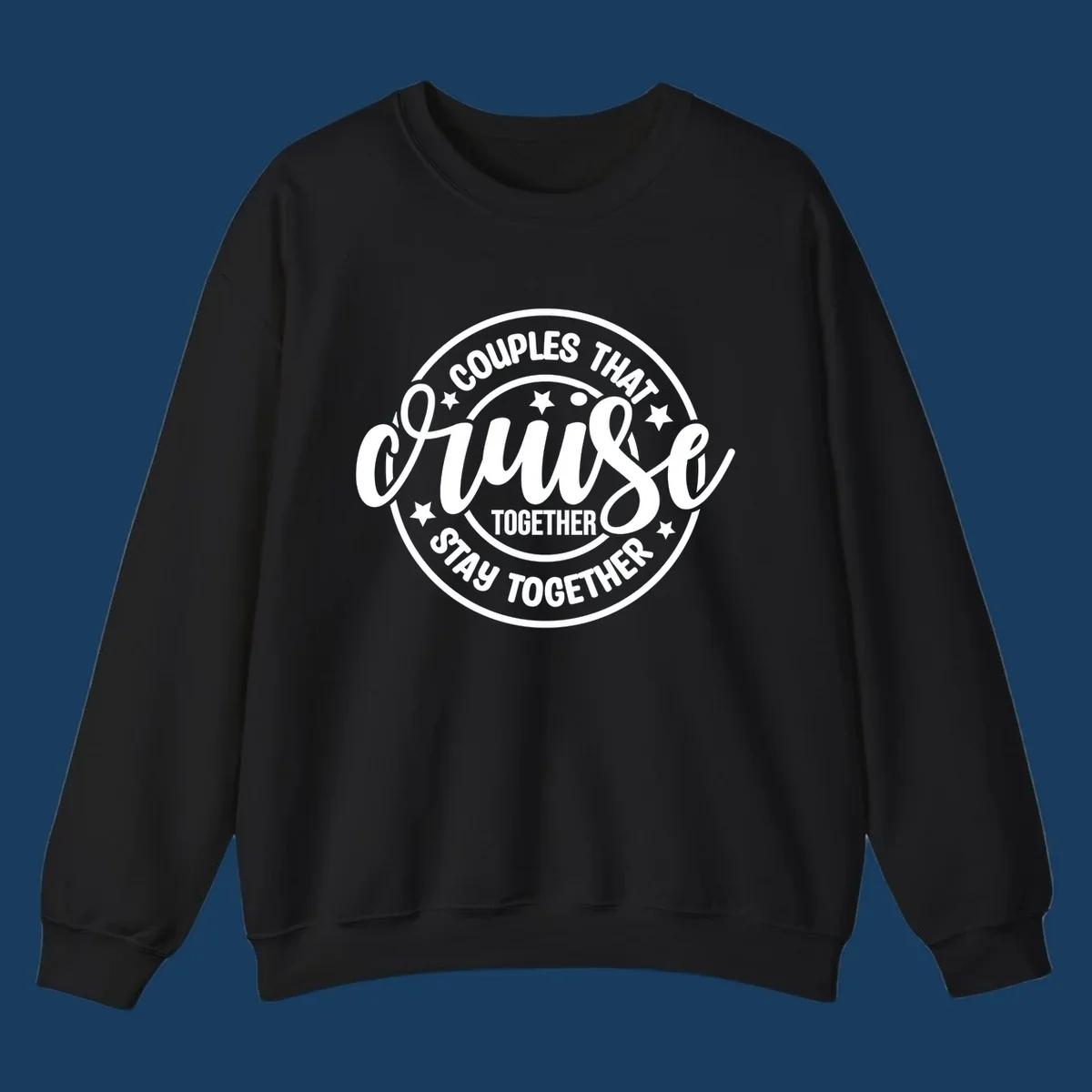 Couples cruise together badge design with white text and stars.