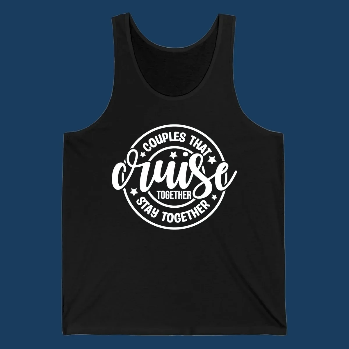 Couples cruise together badge design with white text and stars.