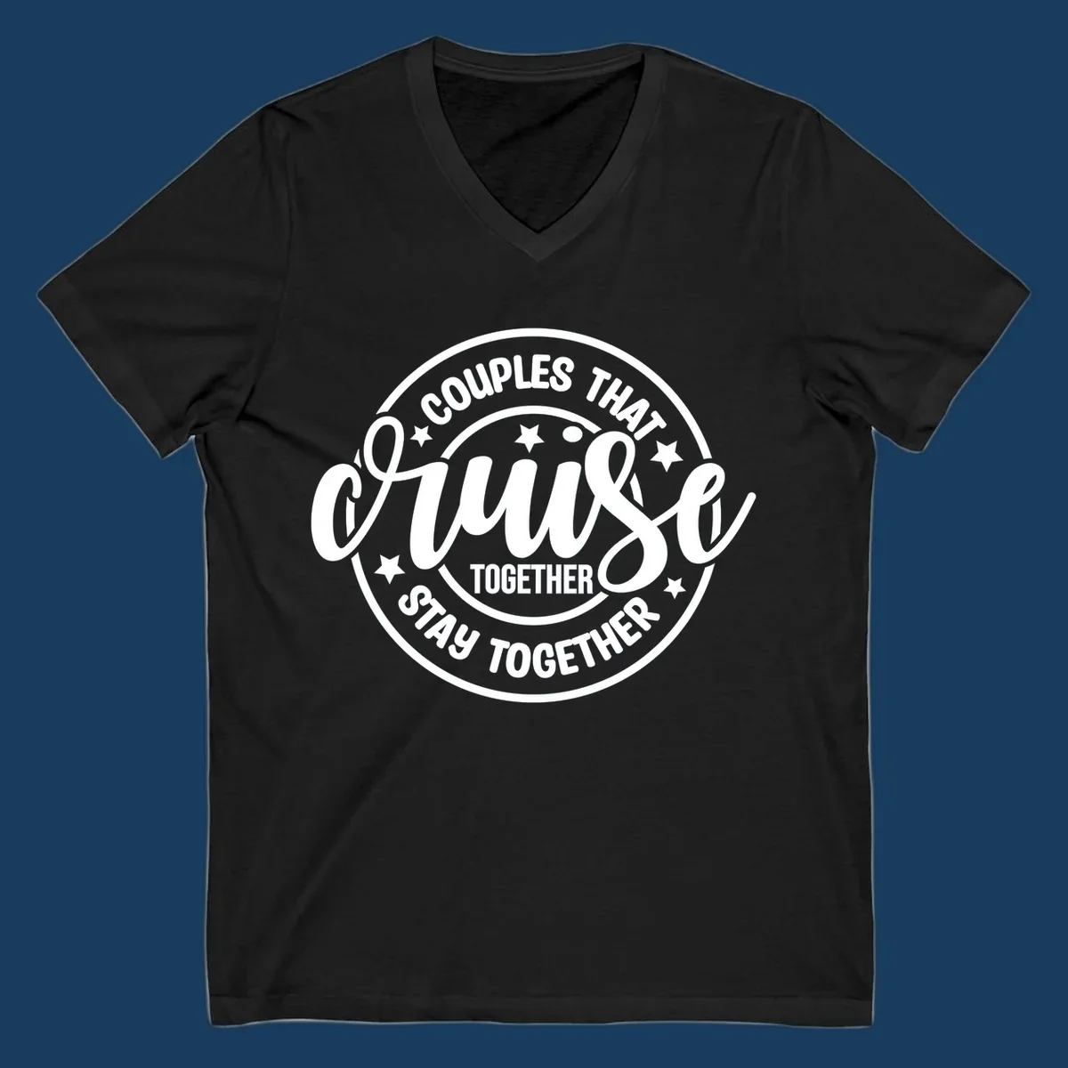 Couples cruise together badge design with white text and stars.