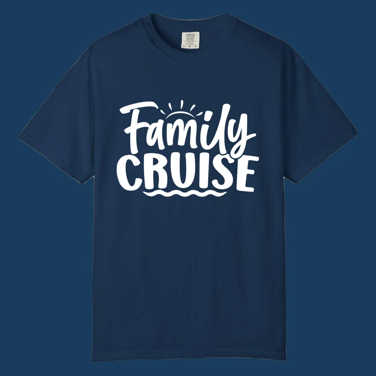 Family cruise text with sun rays and ocean waves graphic.