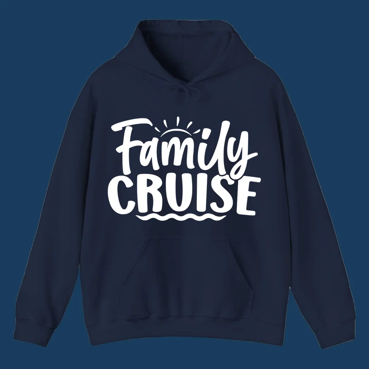Family cruise text with sun rays and ocean waves graphic.