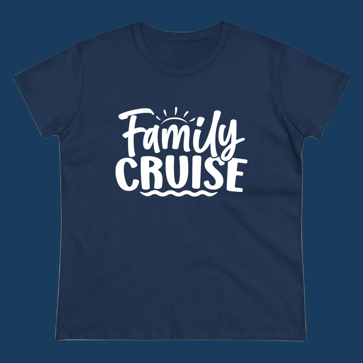 Family cruise text with sun rays and ocean waves graphic.