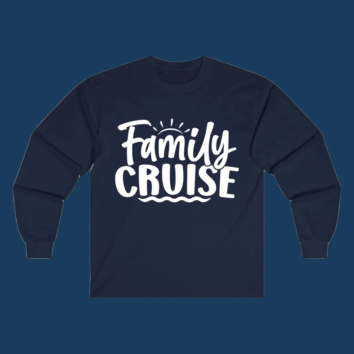Family cruise text with sun rays and ocean waves graphic.