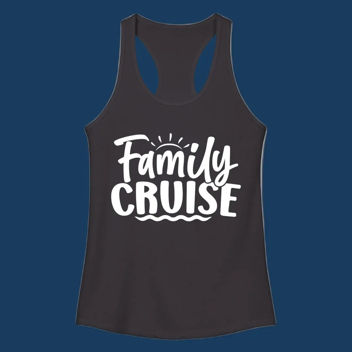 Family cruise text with sun rays and ocean waves graphic.