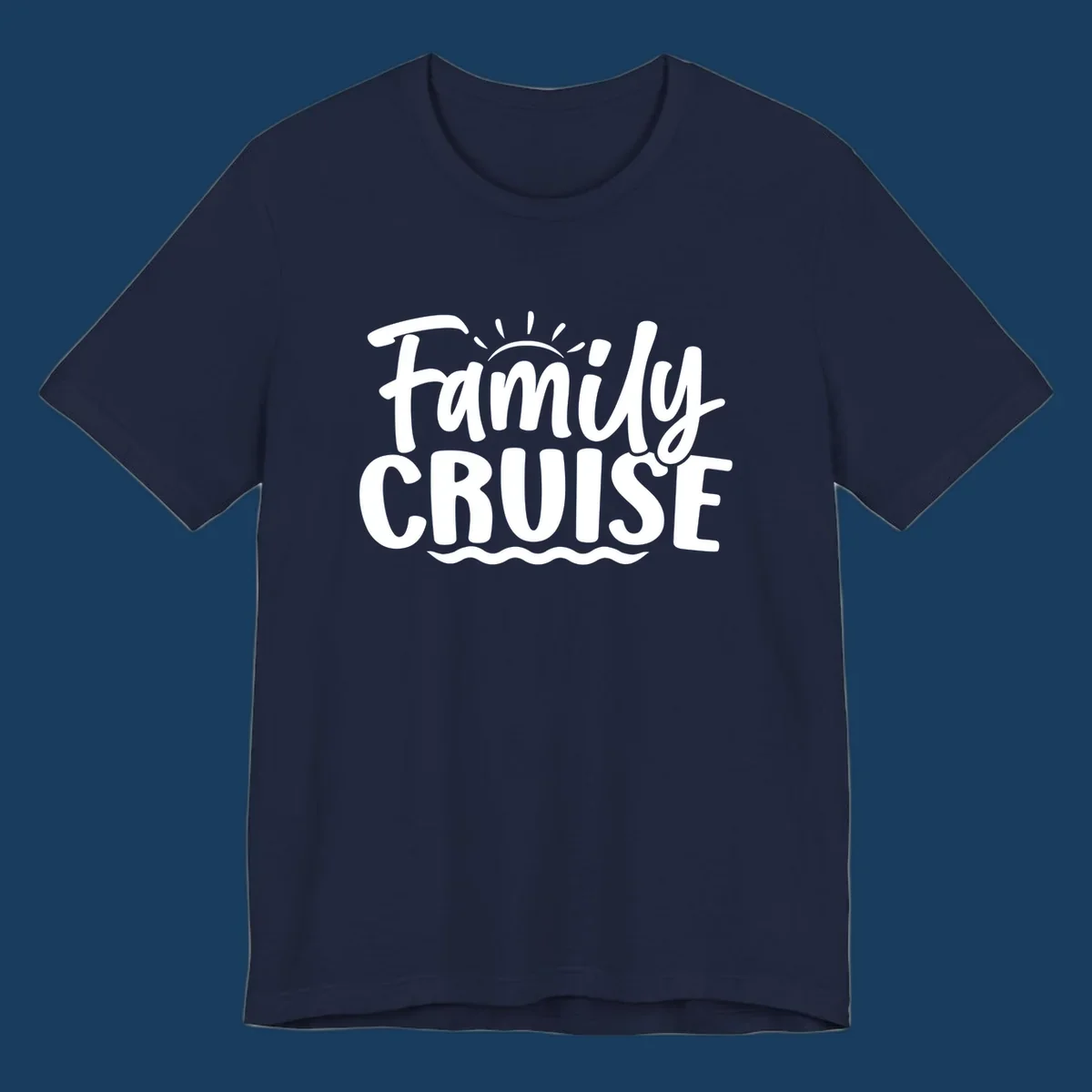 Family cruise text with sun rays and ocean waves graphic.