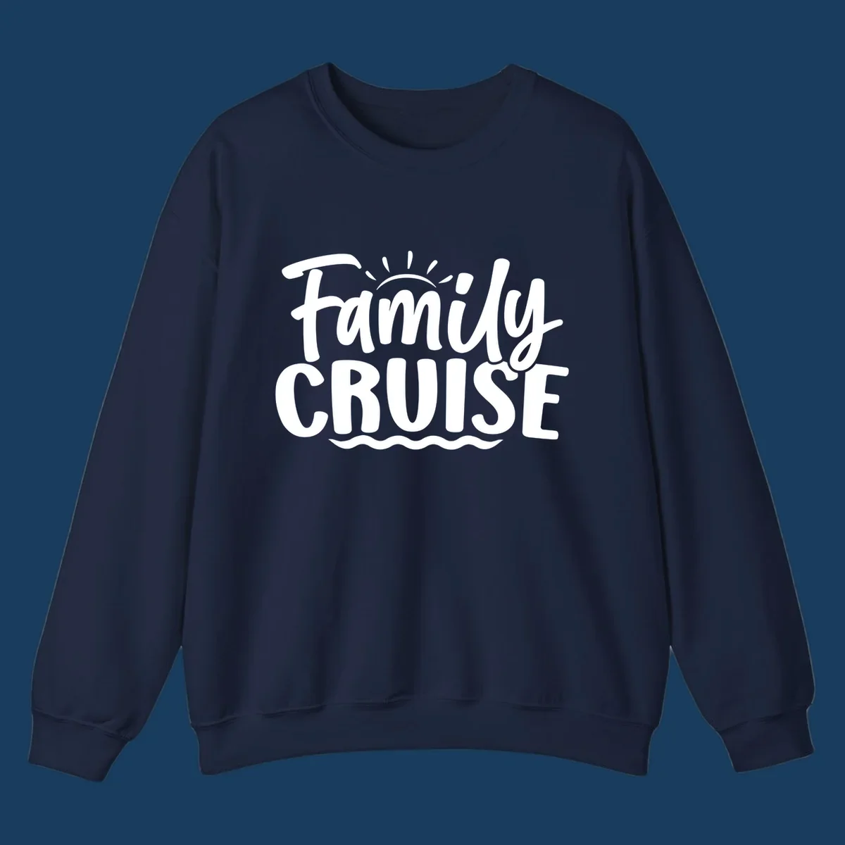 Family cruise text with sun rays and ocean waves graphic.