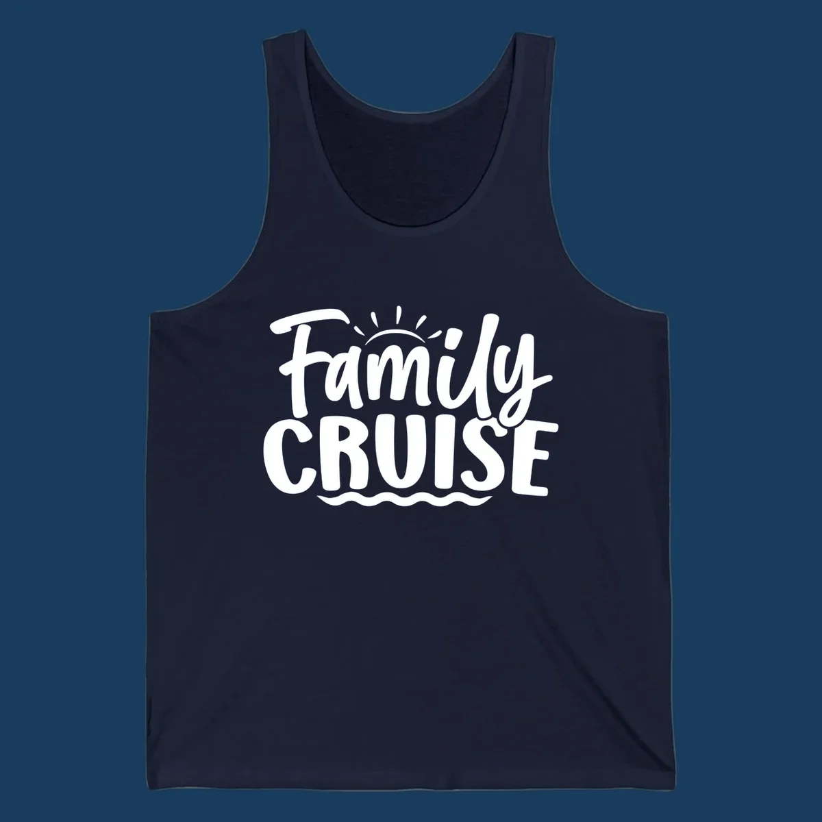 Family cruise text with sun rays and ocean waves graphic.