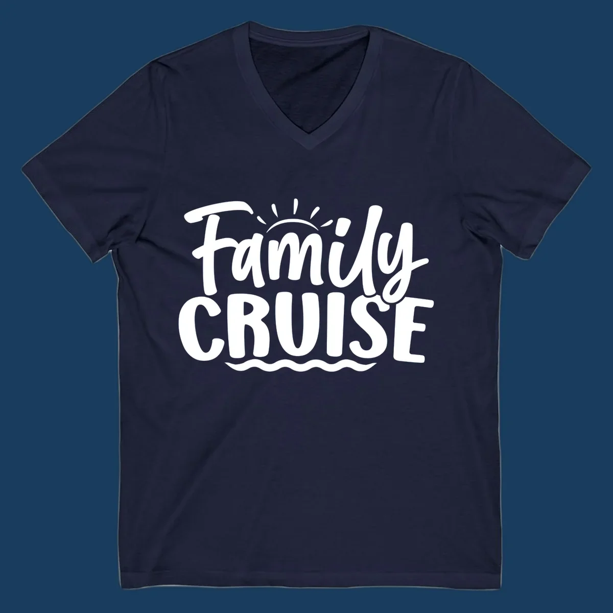 Family cruise text with sun rays and ocean waves graphic.