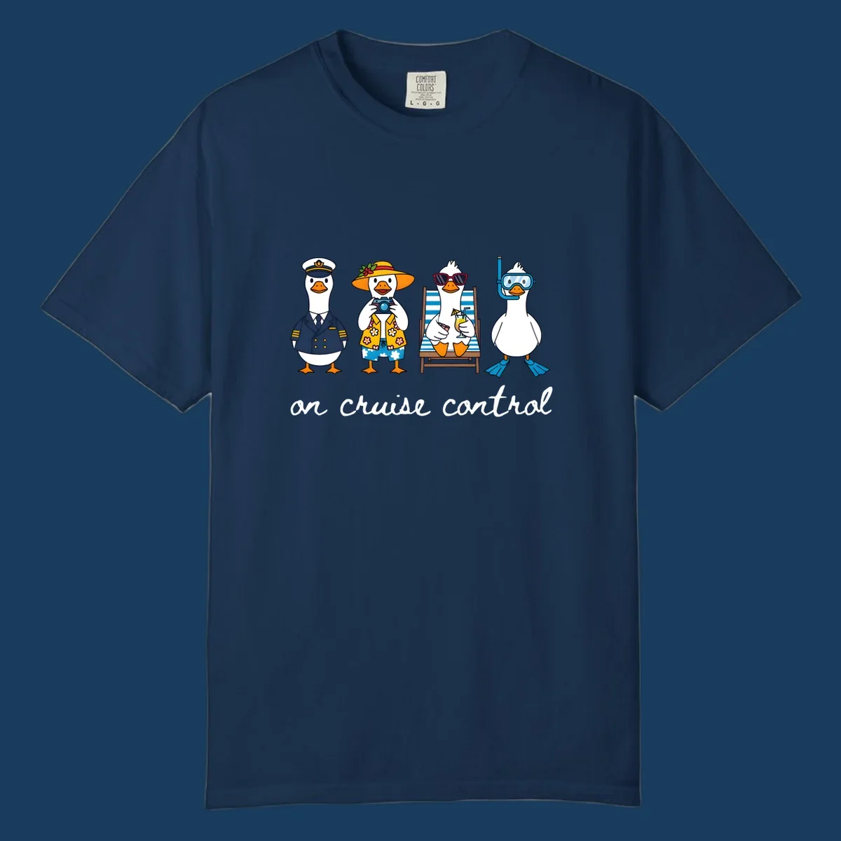 Ducks dressed as captain, tourist, sunbather, and snorkeler with 'on cruise control' text.