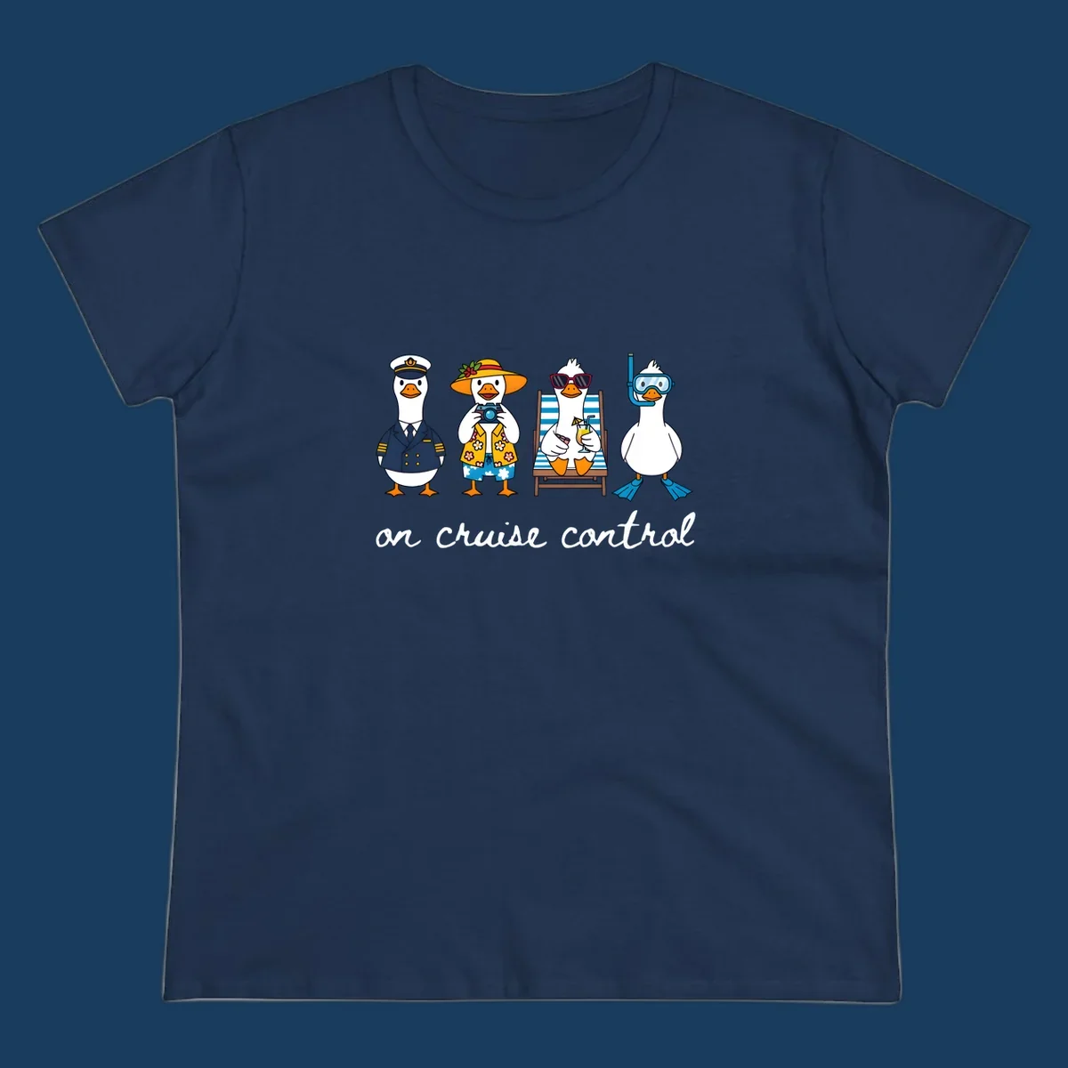 Ducks dressed as captain, tourist, sunbather, and snorkeler with 'on cruise control' text.