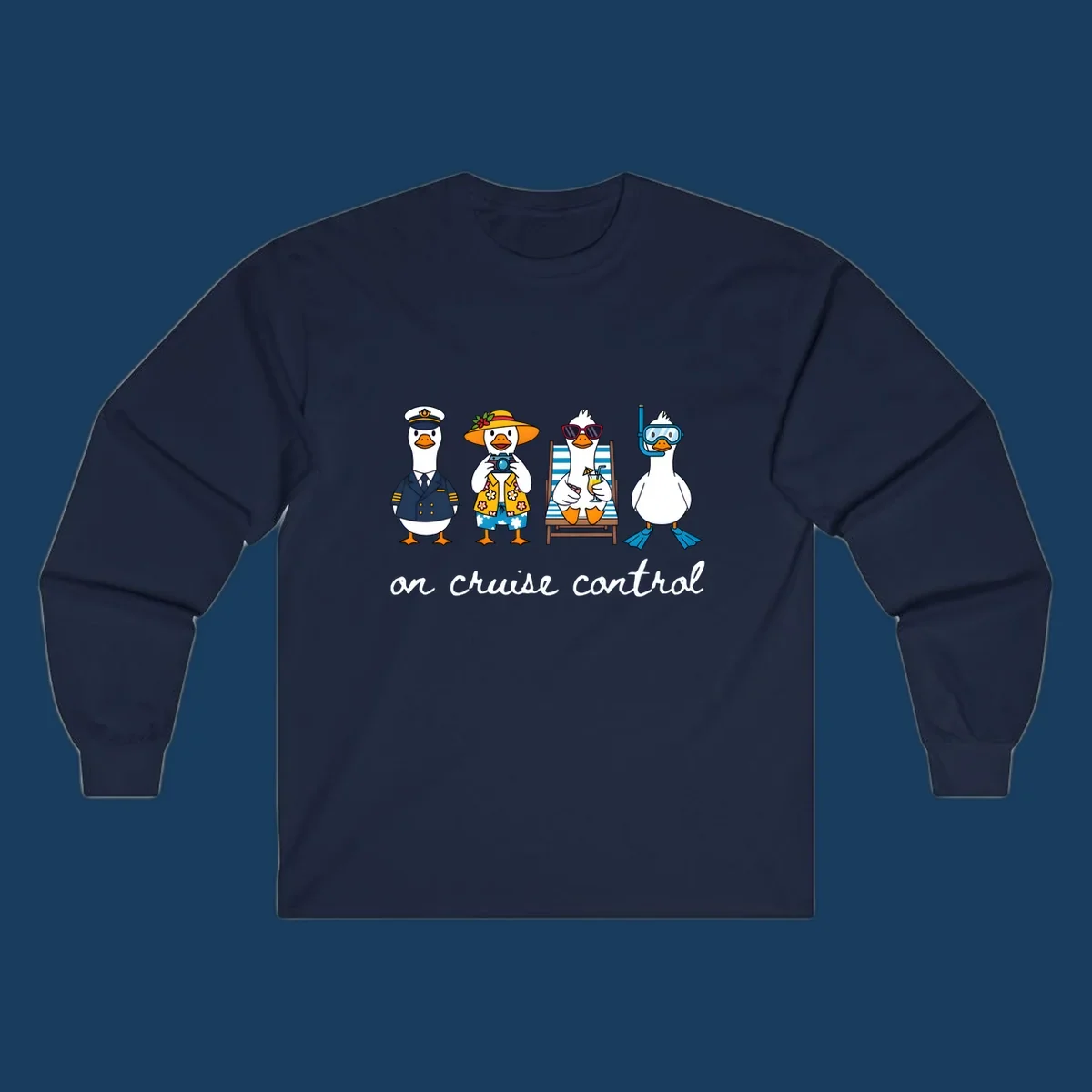 Ducks dressed as captain, tourist, sunbather, and snorkeler with 'on cruise control' text.