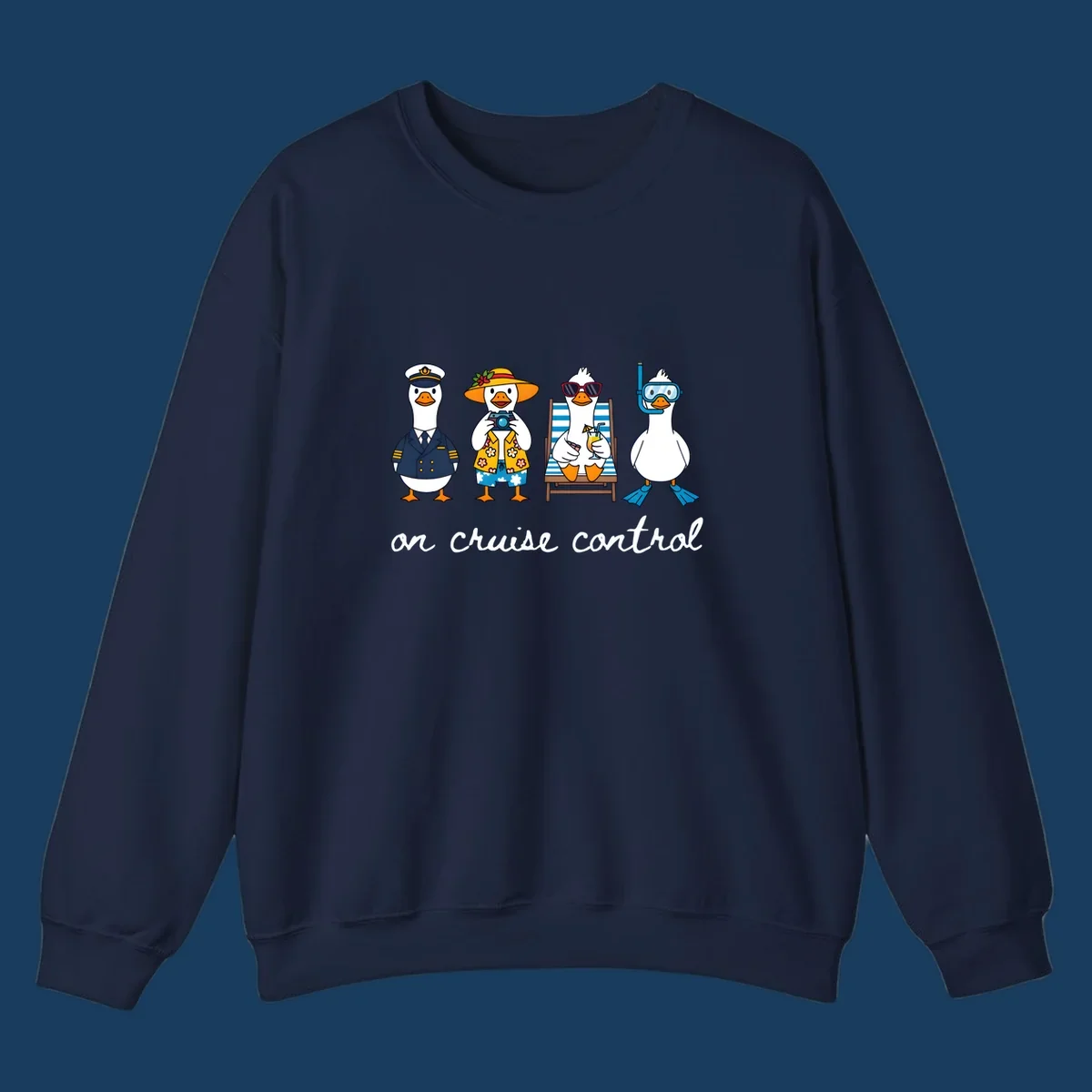 Ducks dressed as captain, tourist, sunbather, and snorkeler with 'on cruise control' text.