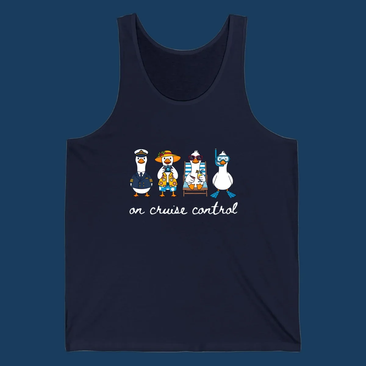 Ducks dressed as captain, tourist, sunbather, and snorkeler with 'on cruise control' text.