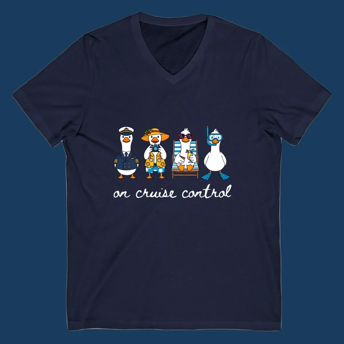 Ducks dressed as captain, tourist, sunbather, and snorkeler with 'on cruise control' text.