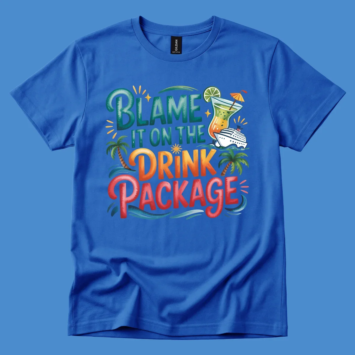 Text and graphics about blaming the drink package on a cruise, with cocktail and ship.