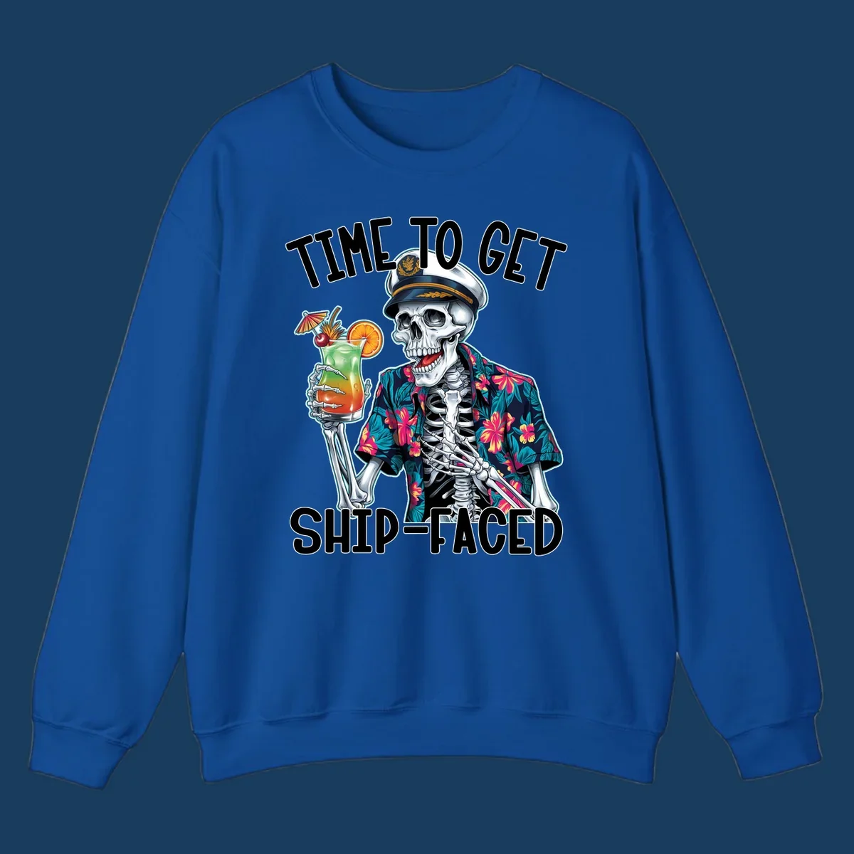 Skeleton captain with cocktail and "Time To Get Ship-Faced" text, for funny cruise shirts.