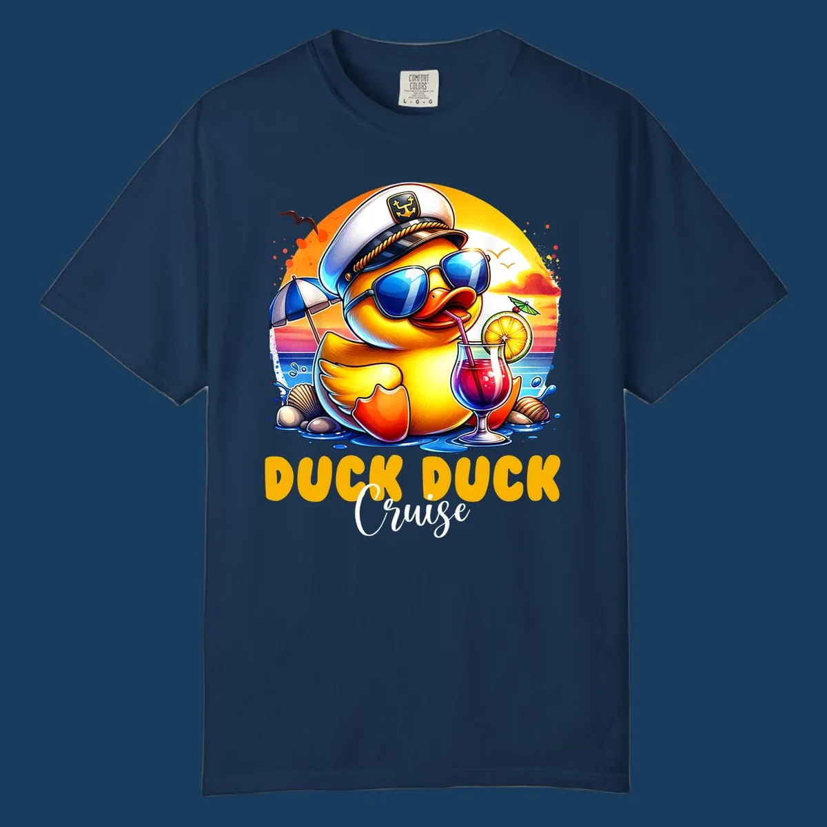 Illustration of a captain duck with a cocktail on a beach at sunset, with 'DUCK DUCK Cruise' text.