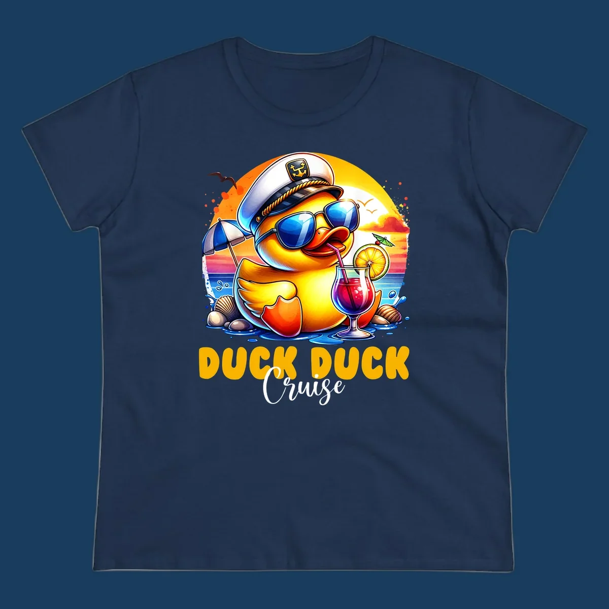 Illustration of a captain duck with a cocktail on a beach at sunset, with 'DUCK DUCK Cruise' text.