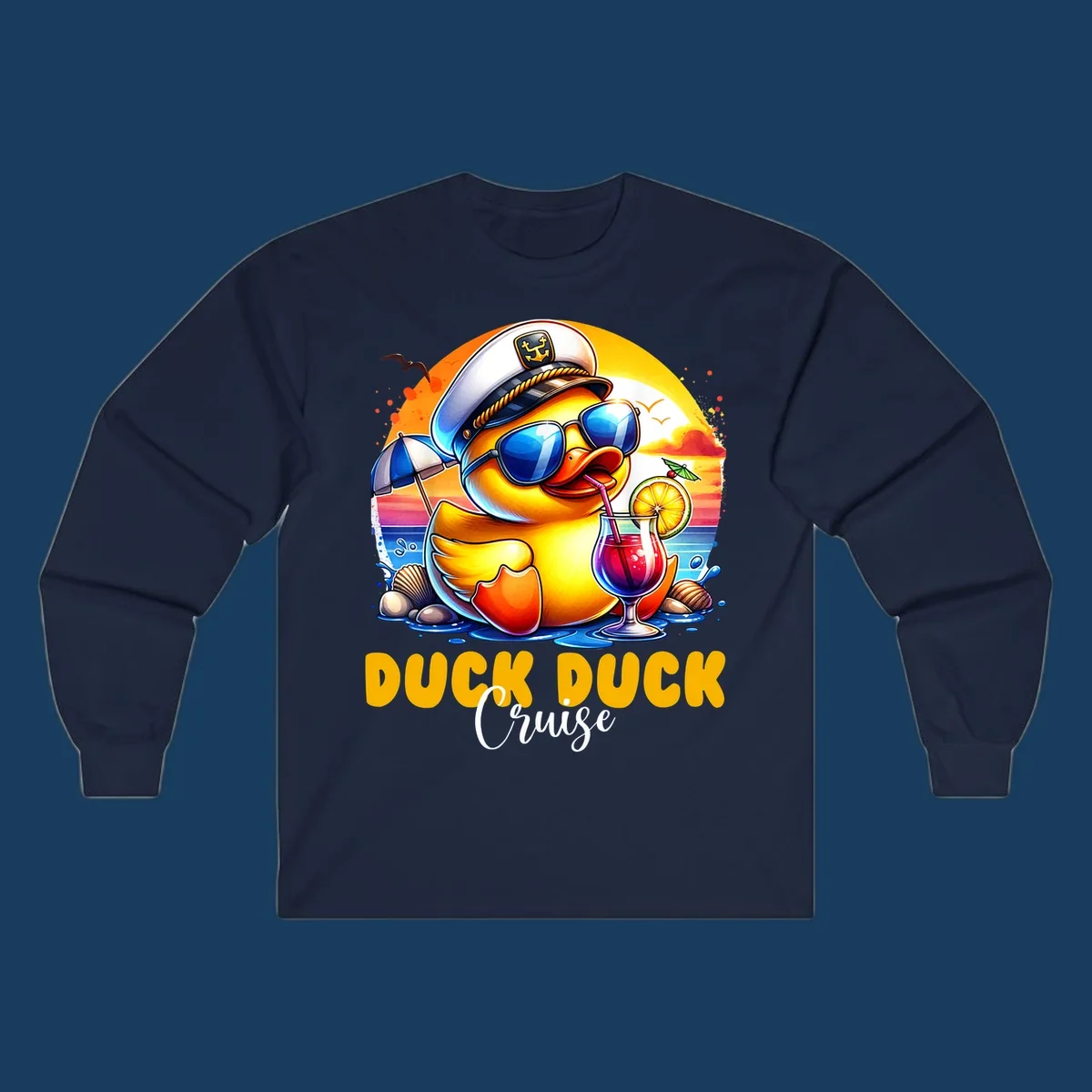 Illustration of a captain duck with a cocktail on a beach at sunset, with 'DUCK DUCK Cruise' text.