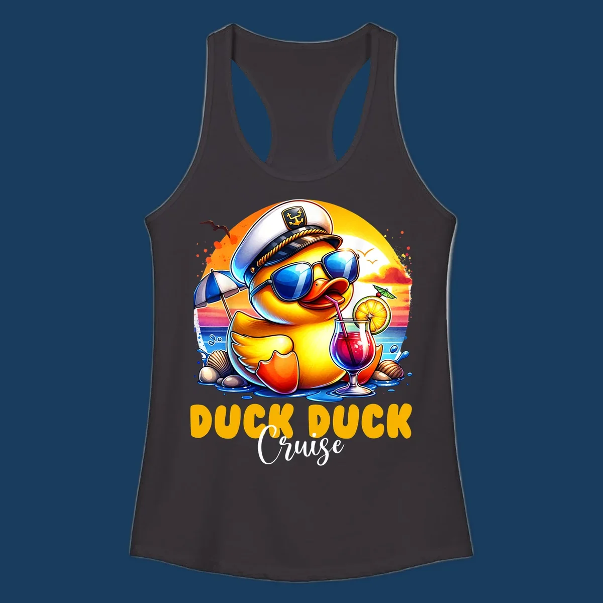 Illustration of a captain duck with a cocktail on a beach at sunset, with 'DUCK DUCK Cruise' text.