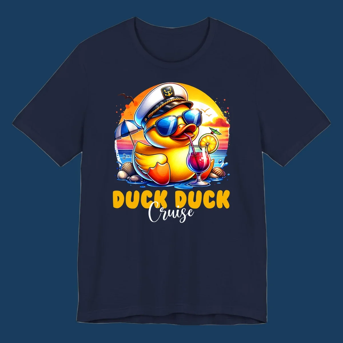 Illustration of a captain duck with a cocktail on a beach at sunset, with 'DUCK DUCK Cruise' text.