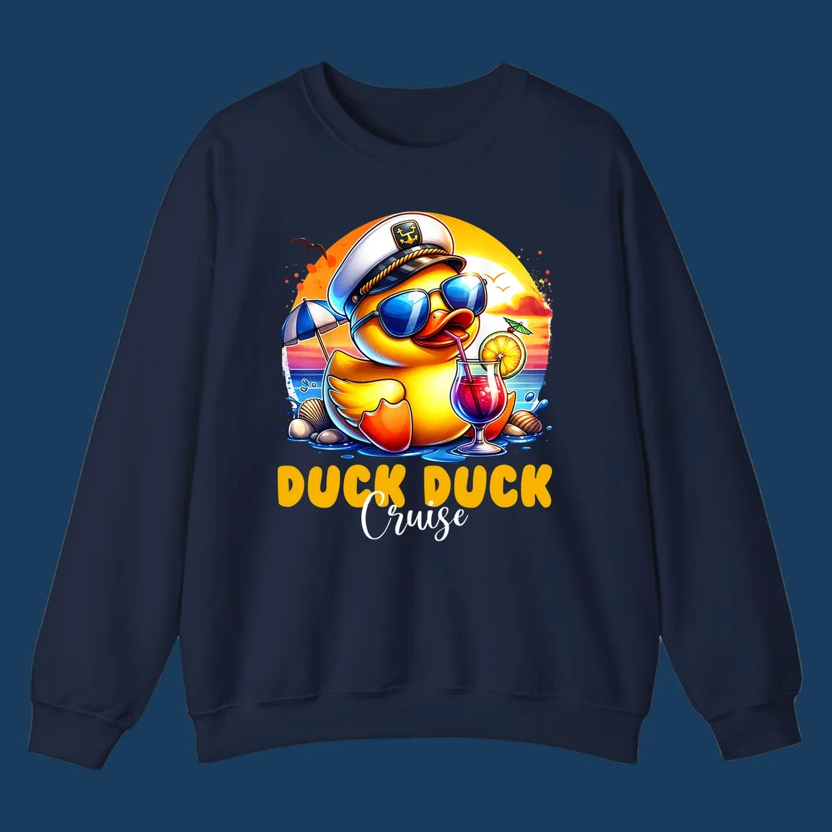 Illustration of a captain duck with a cocktail on a beach at sunset, with 'DUCK DUCK Cruise' text.