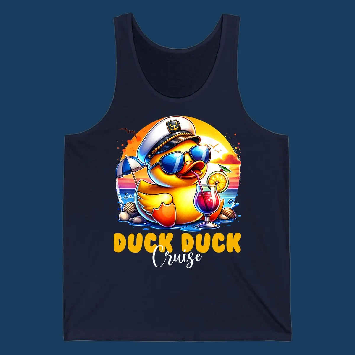 Illustration of a captain duck with a cocktail on a beach at sunset, with 'DUCK DUCK Cruise' text.