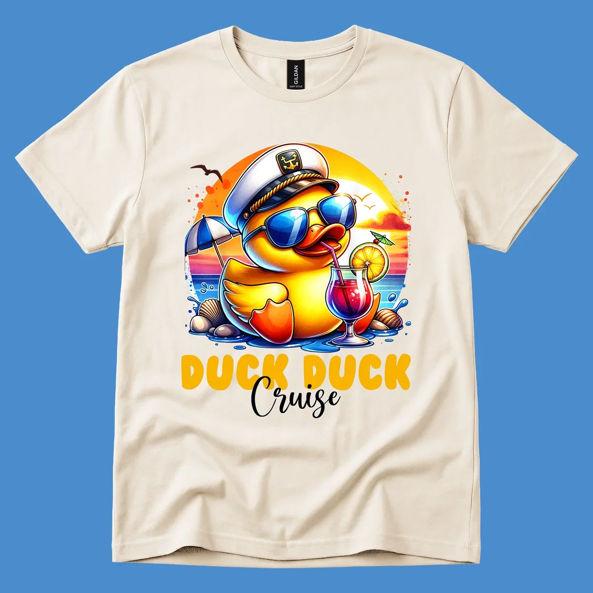Illustration of a captain duck with a cocktail on a beach at sunset, with 'DUCK DUCK Cruise' text.