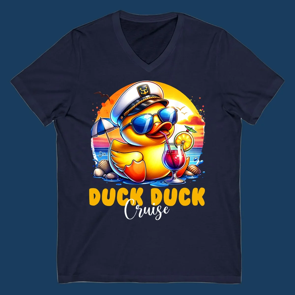 Illustration of a captain duck with a cocktail on a beach at sunset, with 'DUCK DUCK Cruise' text.