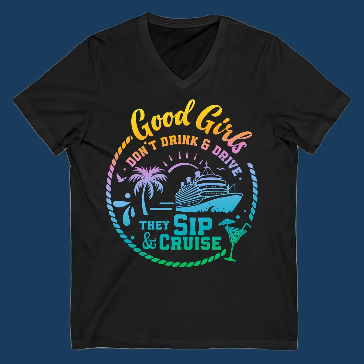Good Girls Sip And Cruise text with illustration of cruise ship, palm tree, and cocktail.
