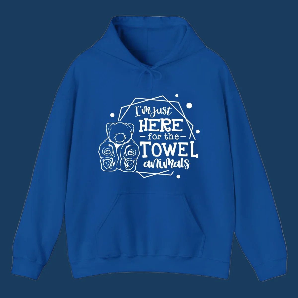 Illustration of a bear with text 'I'm just HERE for the TOWEL animals', for a towel-animal-cruise shirt.