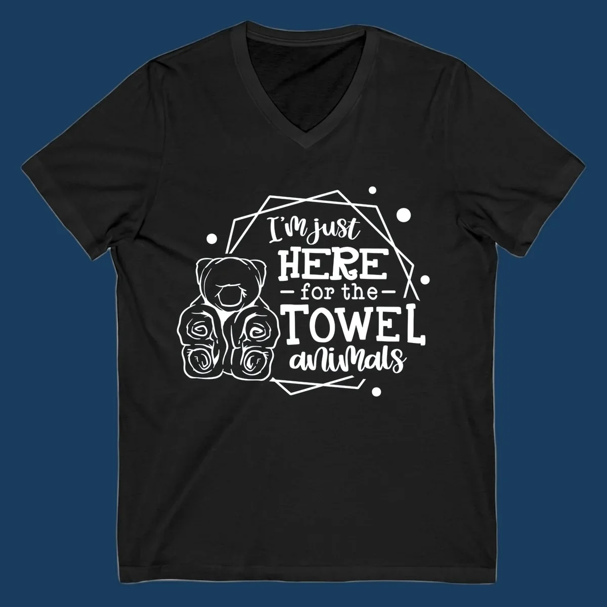 Illustration of a bear with text 'I'm just HERE for the TOWEL animals', for a towel-animal-cruise shirt.