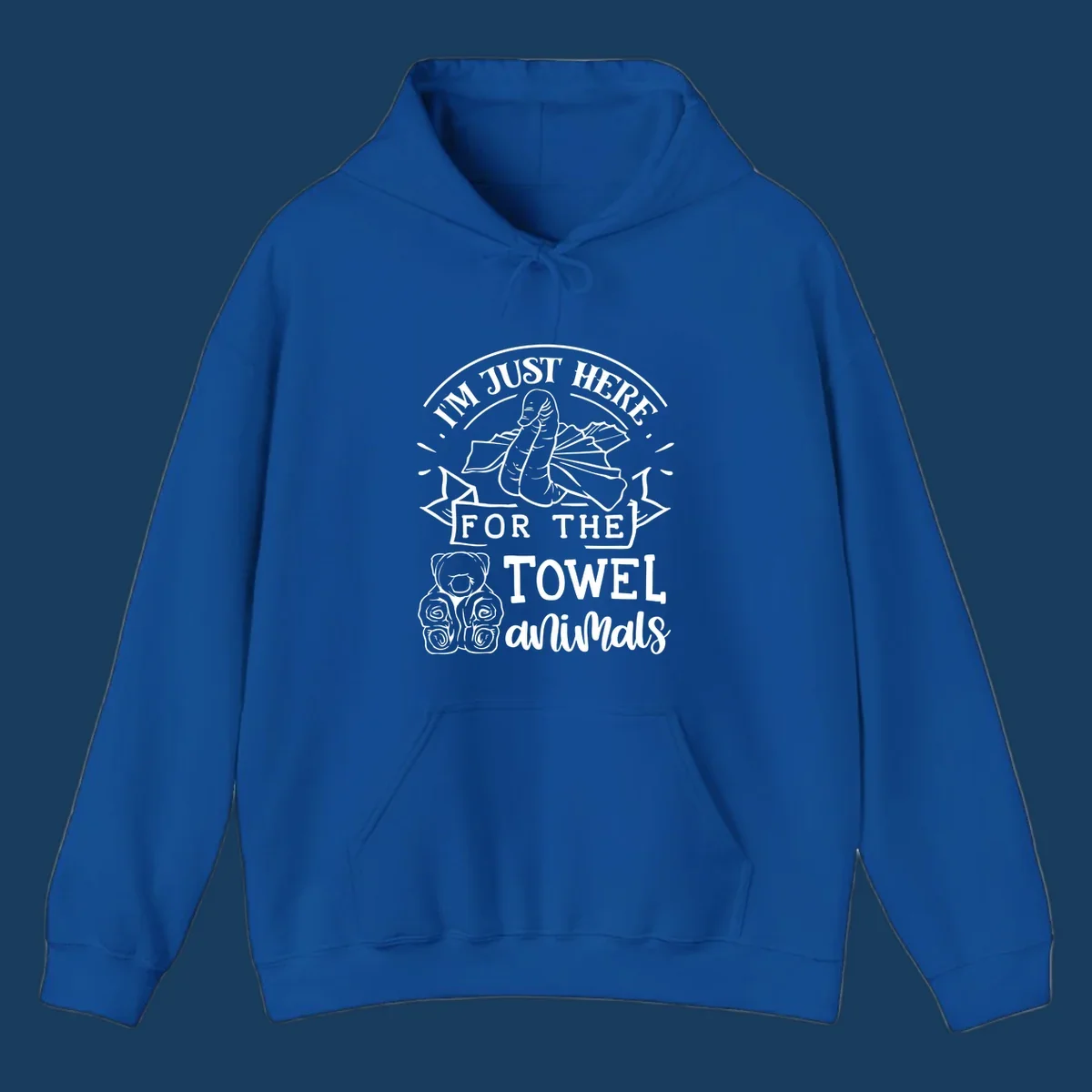 Illustration of towel origami animals with text "I'M JUST HERE FOR THE TOWEL animals".