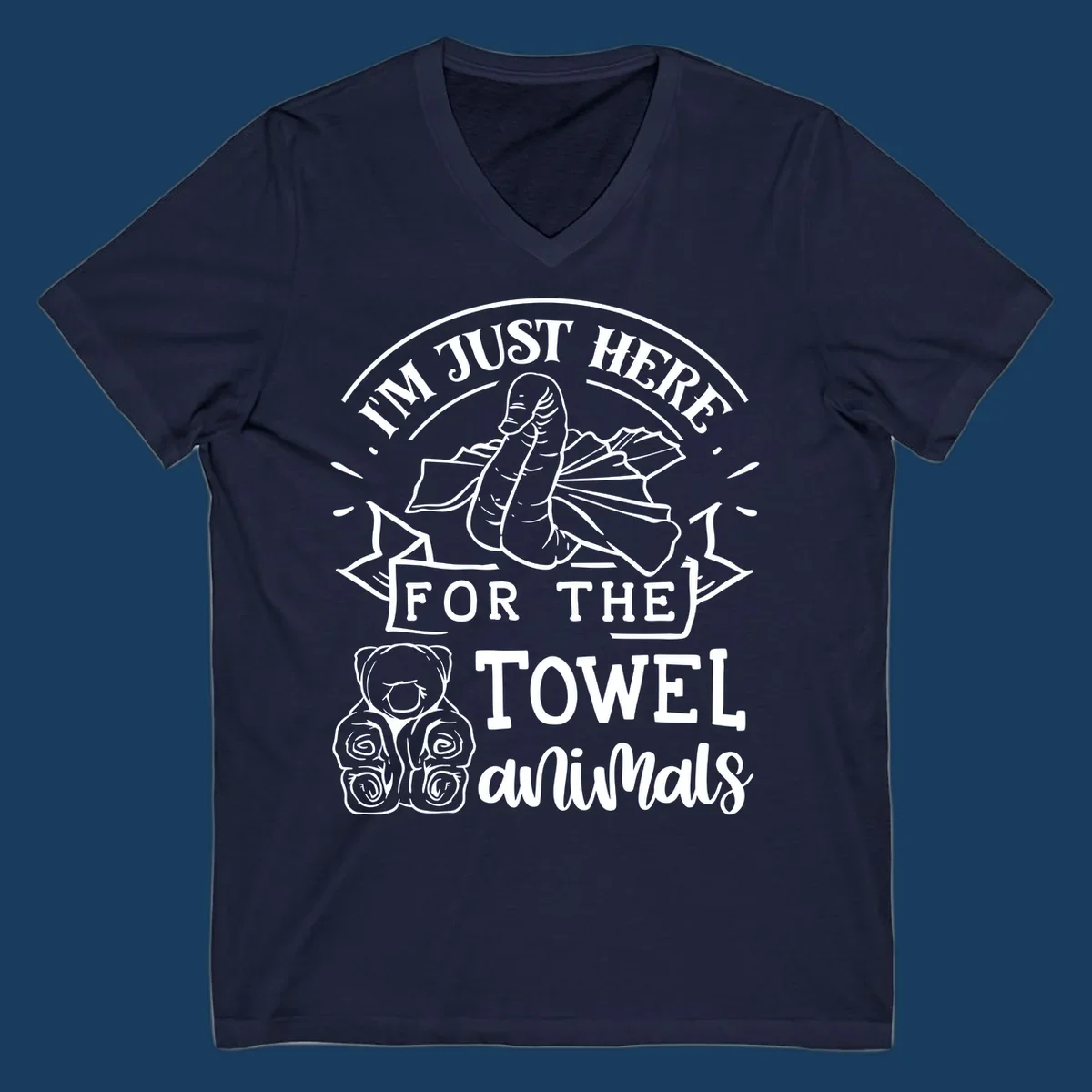 Illustration of towel origami animals with text "I'M JUST HERE FOR THE TOWEL animals".
