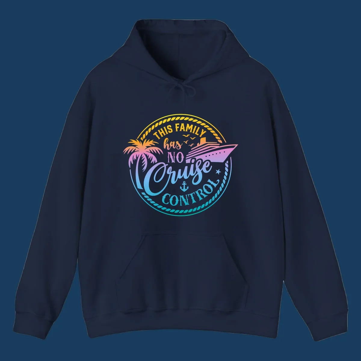 Family cruise vacation design with text 'This Family Has No Cruise Control', a cruise ship, and a palm tree.